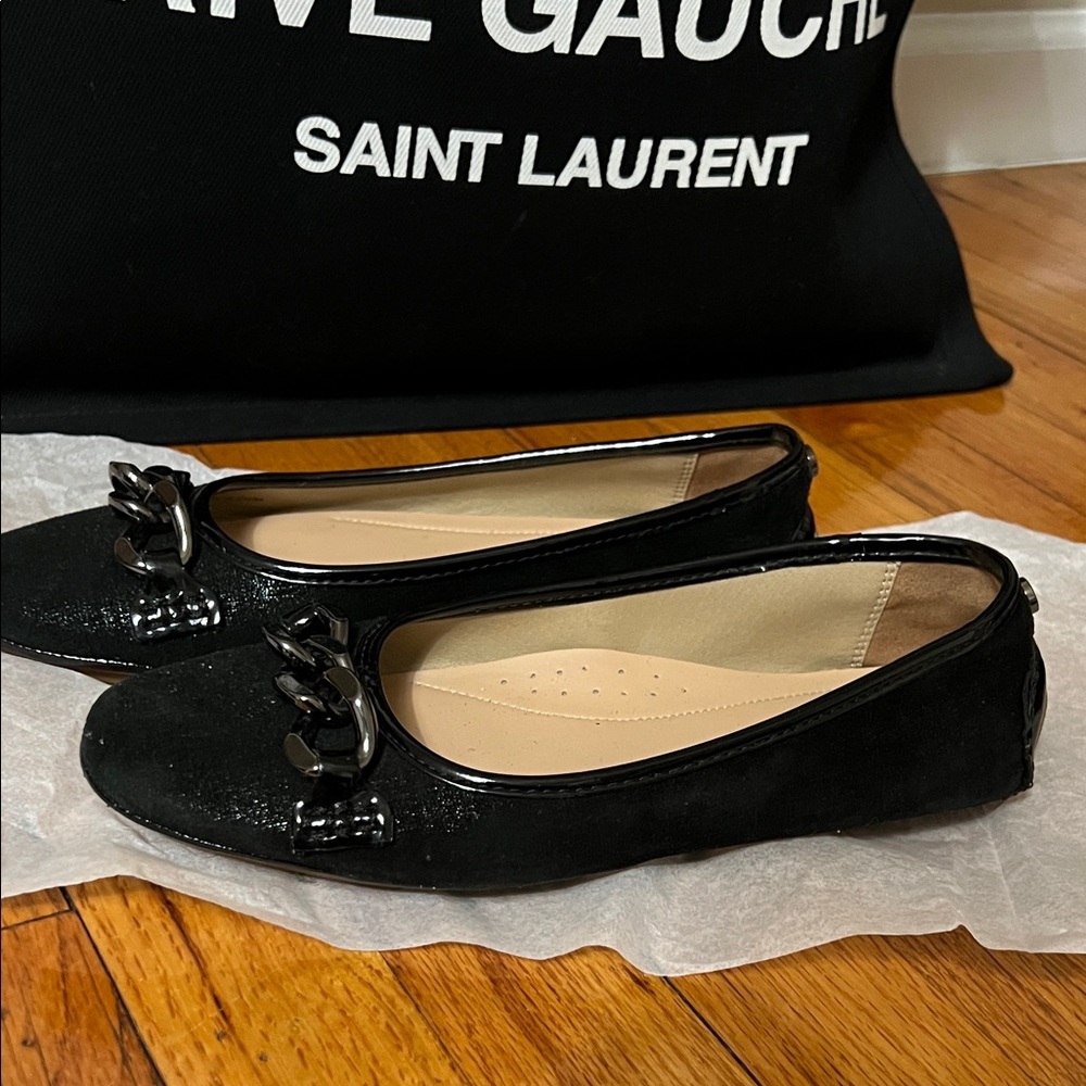 Donald J. Pliner Black Flats with Chain Detail. Suede with subtle metallic sheen